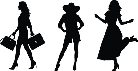 Obraz premium Stylish women silhouette collection with handbag, hat and dancing pose isolated on white background fashion illustration set