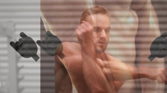 Animation of hands icons over caucasian strongman stretching