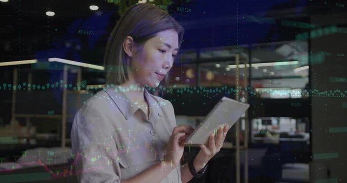 Animation of financial data processing over asian businesswoman at office