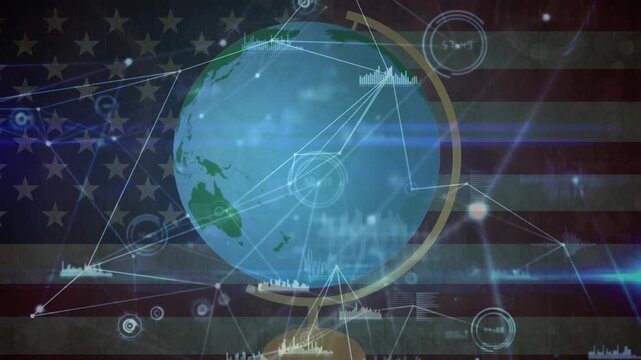 Animation of network of connections over globe icon against american flag background