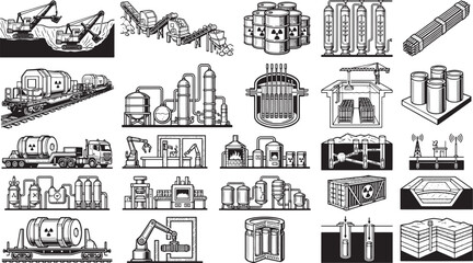 Naklejka premium Illustration of a diverse industrial landscape with a focus on factory, machines, processing and power.