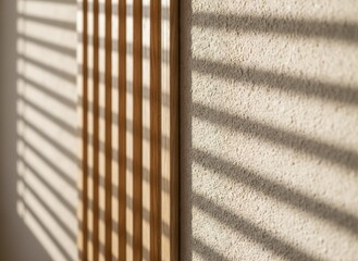 Sunlight casting striped shadows across a textured wall and wooden slatted screen with warm golden hour light creating a serene interior atmosphere