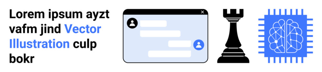 Artificial intelligence, technology, strategic planning, automation, digital communication, and innovation. A chat window, chess rook and neural network microchip graphic. AI strategy © robu_s