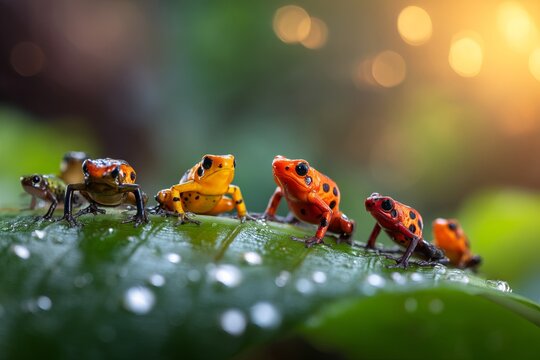 Vibrant Amazonian Poison Dart Frogs Thriving in Lush Green Environment