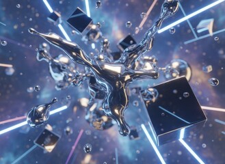 Abstract Metallic Fluid Sculpture Interacting With Neon Geometric Shapes and Cosmic Background