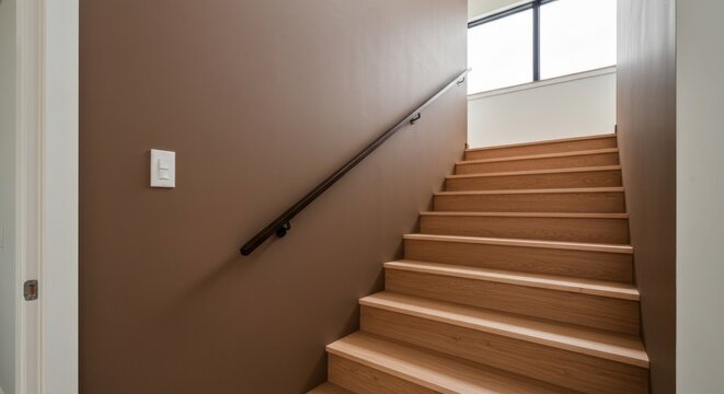 Interior view of wooden staircase ascending, bathed in natural light with a brown wall and a handrail