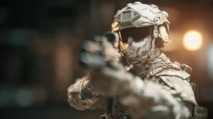 Obraz premium Soldier aims weapon in action scene with dramatic lighting and focus