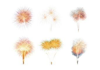 Obraz premium Six delicate golden and pastel fireworks bursts arranged on a clean transparent background, stylized illustrations conveying celebration and festive sparkle