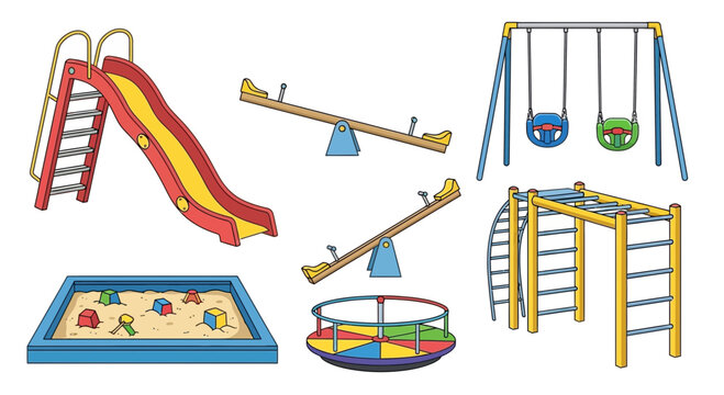 A collection of colorful playground equipment including slides, swings, seesaws, a sandbox, a merry-go-round, and monkey bars on a white background.