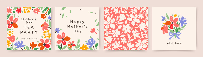 Cute set of festive cards with flowers. Vector templates for Mother's Day, Birthday, Easter, Women's Day March 8, social media post, invitation, greeting card, holiday banner, cover © Feodora_21