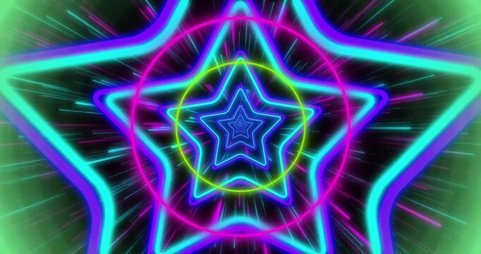 Neon stars shrinking into center, forming glowing tunnel with radial light streaks in vibrant hues