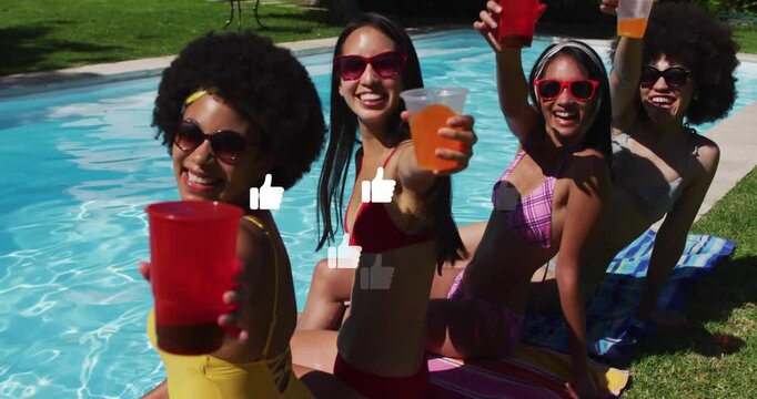 Raising drinks with animation overlay, women in swimsuits by poolside