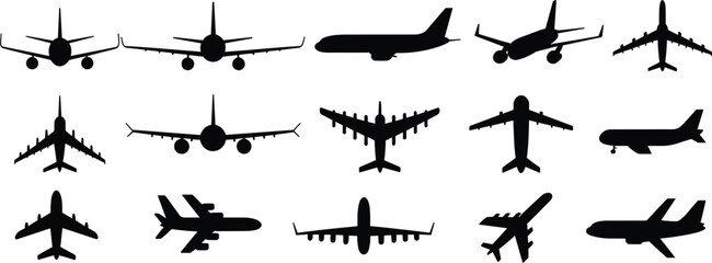 Diverse Airplane Silhouettes Showing Different Models and Views on White Background aircraft © MstGolenur