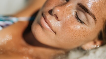 Fototapeta premium Girl enjoys sunlight by the water with a relaxed expression on her face