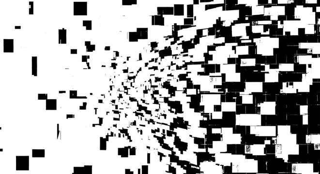 Exploding geometric shapes receding into a vanishing point, abstract digital transformation