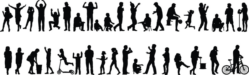 Diverse silhouettes of people performing various actions, including sports, work, and leisure vector