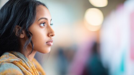 Obraz premium Young woman looks thoughtfully while attending event in community center