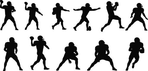 American football player silhouettes vector set, athlete action poses throwing catching running sports illustration isolated on white