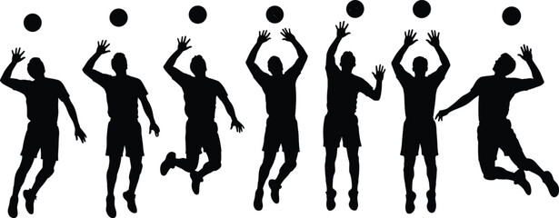 Set of male volleyball player silhouettes jumping and hitting ball, man athlete serving and spiking vector icons for sports posters. © Raihan