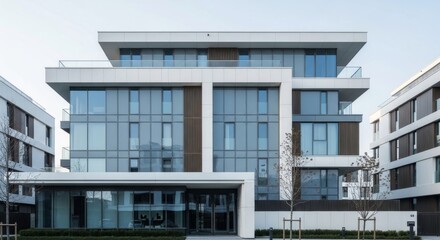 Architecture, modern building and residential complex in a suburban setting with exterior facade showcasing contemporary design and large glass windows overlooking landscaped gardens. Luxury homes