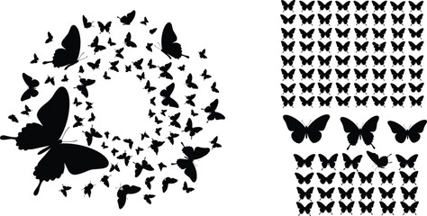 Butterfly silhouette icon set with flying butterflies, decorative swarm circle, isolated insect shapes, nature design elements and vector illustration concept © Yeasin