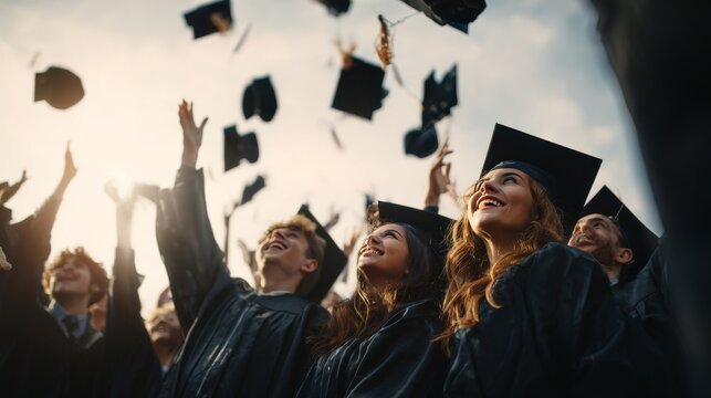 Graduates celebrating with cap toss under bright sunny sky