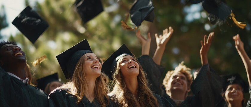 Joyful graduates celebrating with cap toss outdoors under sunny sky