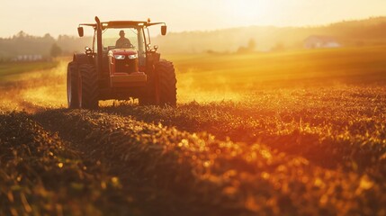 Fototapeta premium Tractor on field under warm sunset light