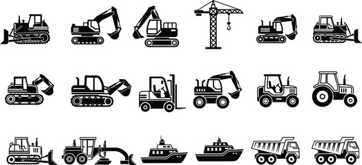 Construction and industrial vehicle silhouette icon set including excavator, bulldozer, crane, forklift, dump truck, tractor, ship, heavy machinery transport symbols © Yeasin