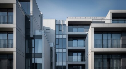 Obraz premium Architecture, modern building and urban design for residential complex, showcasing contemporary apartment living with sleek balconies overlooking city skyline. Construction, development and real