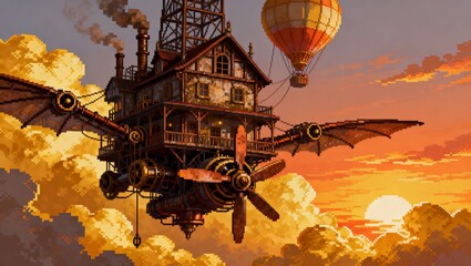蒸気機関と気球で空に浮かぶ機械翼のスチームパンクハウス