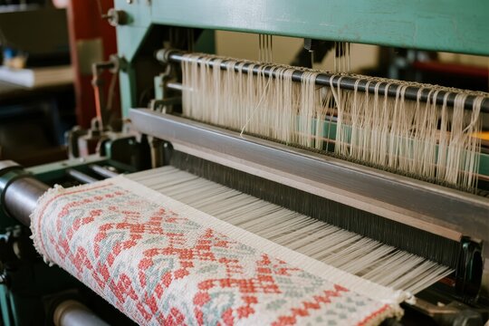 Textile weaving machine in operation producing patterned fabric