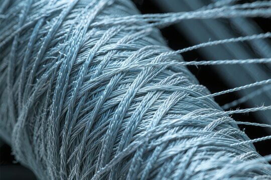Close-up of a spool of light blue thread with tightly wound fibers and loose strands extending outward