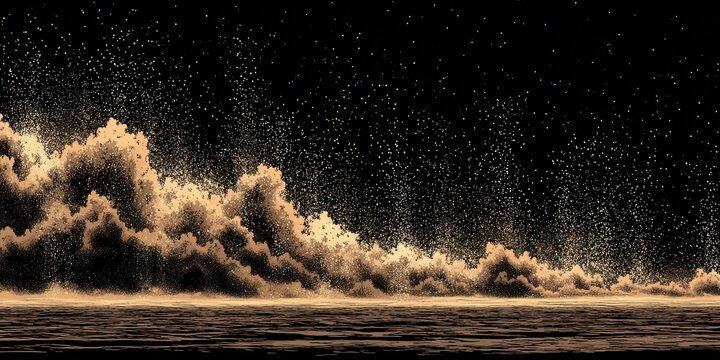Una gran nube de polvo y arena marr&oacute;n se eleva dram&aacute;ticamente contra un fondo negro oscuro, creando un efecto de explosi&oacute;n o tormenta de arena.