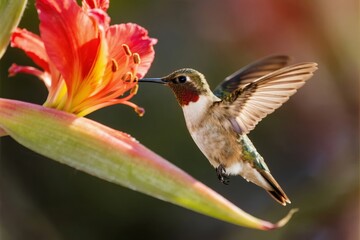 Fototapeta premium A hummingbird hovers near a vibrant red flower, feeding with its long beak.