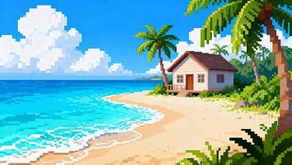 ヤシの木と青い海に面した夏空のピクセルビーチハウス