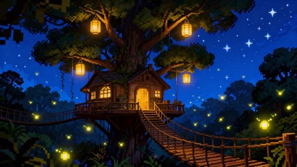 星空と灯籠が輝く幻想的なピクセルツリーハウス村