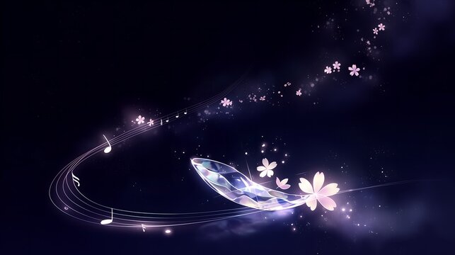 Elegant musical notes intertwined with cherry blossoms and crystal leaf opalite on starry background, romantic design for music cover, wedding invitation and social media art