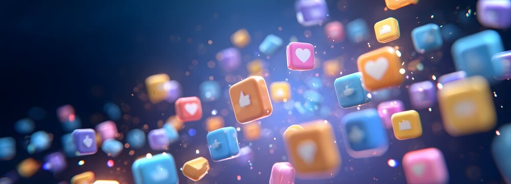 Social Media Icons in Motion: A vibrant and dynamic array of colorful social media icons, including likes, hearts, and shares, float and swirl in a digital cosmos.