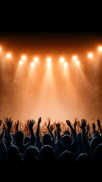 Concert crowd cheering: A silhouetted crowd with raised hands cheers enthusiastically under the warm glow of stage lights at a vibrant concert.