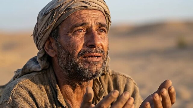 Parched Middle Eastern Traveler Gesturing for Water Close Up Portrait