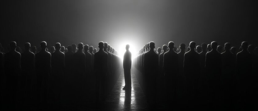 Silhouetted figure standing in spotlight among crowd in dark setting