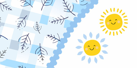 Fototapeta premium Whimsical illustration featuring a smiling sun and leafy branches on blue