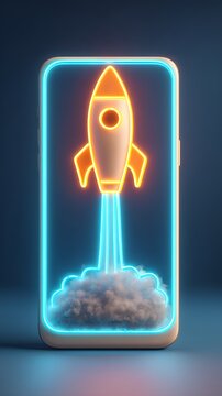 Rocket Launch on Phone Screen: A neon rocket ship ignites with fiery exhaust, blasting off from a cloud within a glowing blue frame on a smartphone screen, symbolizing rapid progress and innovation.