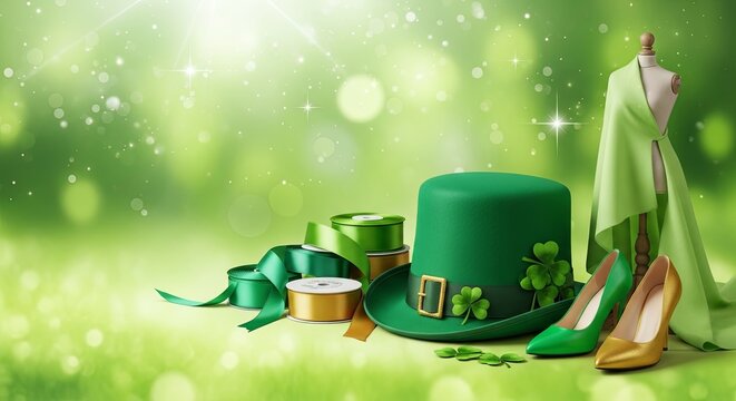 St Patrick's Day leprechaun hat, high heel shoes on green background. Holiday fashion accessory and festive celebration concept.
