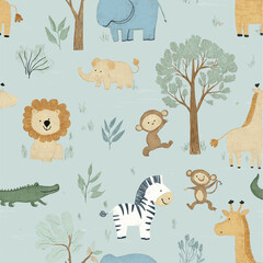 Fototapeta premium Safari animals pattern with giraffes, elephants, and lions on a light blue background. Cute cartoon jungle animals seamless pattern