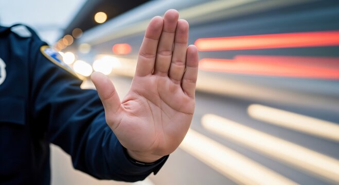 Male Police Officer Hand Signaling Stop at Night DUI Checkpoint Traffic Enforcement