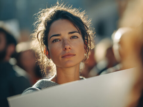 Peaceful protester standing resolutely in a crowd 