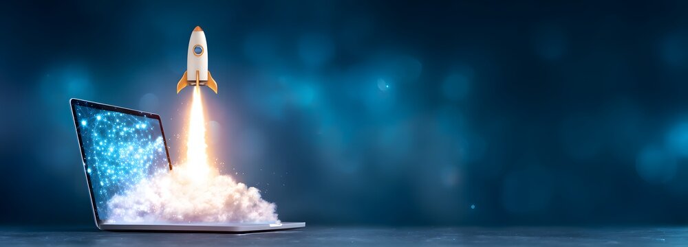 Rocket Launch from Laptop: A miniature rocket blasts off from a laptop screen, engulfed in smoke and flames, symbolizing a new project launch, innovation, or technological advancement.