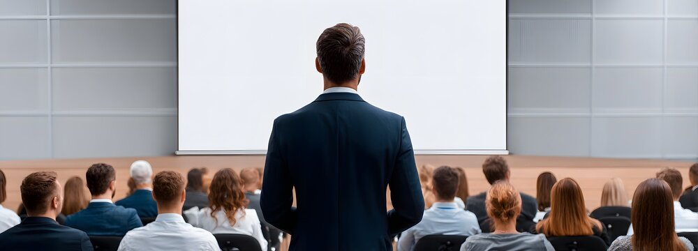 Presentation Powerhouse: A distinguished speaker stands before an attentive audience, commanding the room with a confident presence, ready to deliver an impactful presentation on a blank screen.